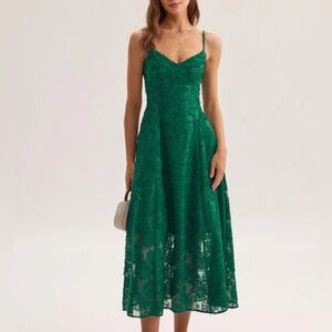 Rihoas Green Floral Shirred Slip Midi Dress